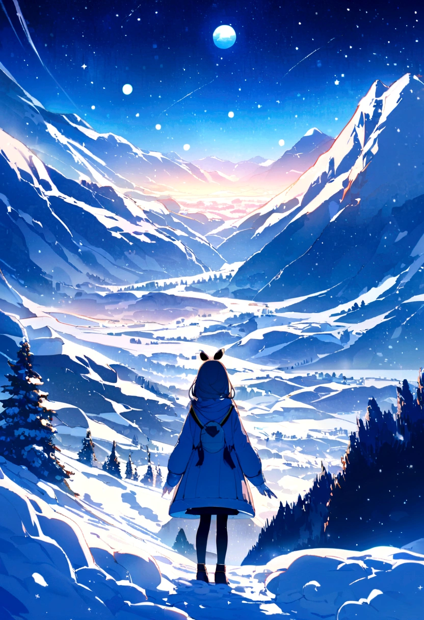 Rear View, Because I can't see your face.Woman standing in a snowy landscape. Snow falls on my outstretched hand.Beautiful sky. Clear skies.Floating stars and planets.Great Blue. High quality down to the smallest detail. Wonderful landscape . people々is far away