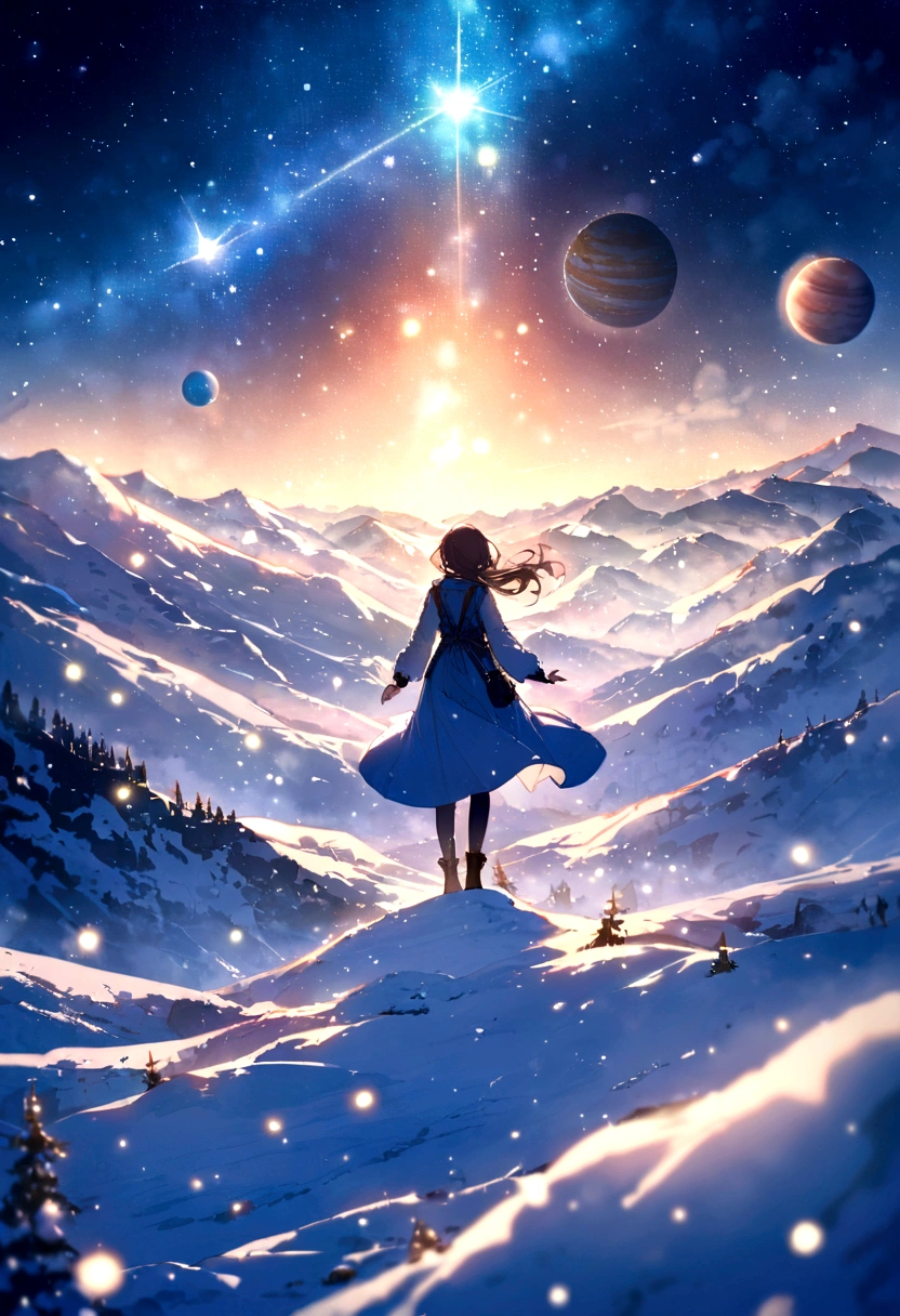 Rear View, Because I can't see your face.Woman standing in a snowy landscape. Snow falls on my outstretched hand.Beautiful sky. Clear skies.Floating stars and planets.Great Blue. High quality down to the smallest detail. Wonderful landscape . people々is far away