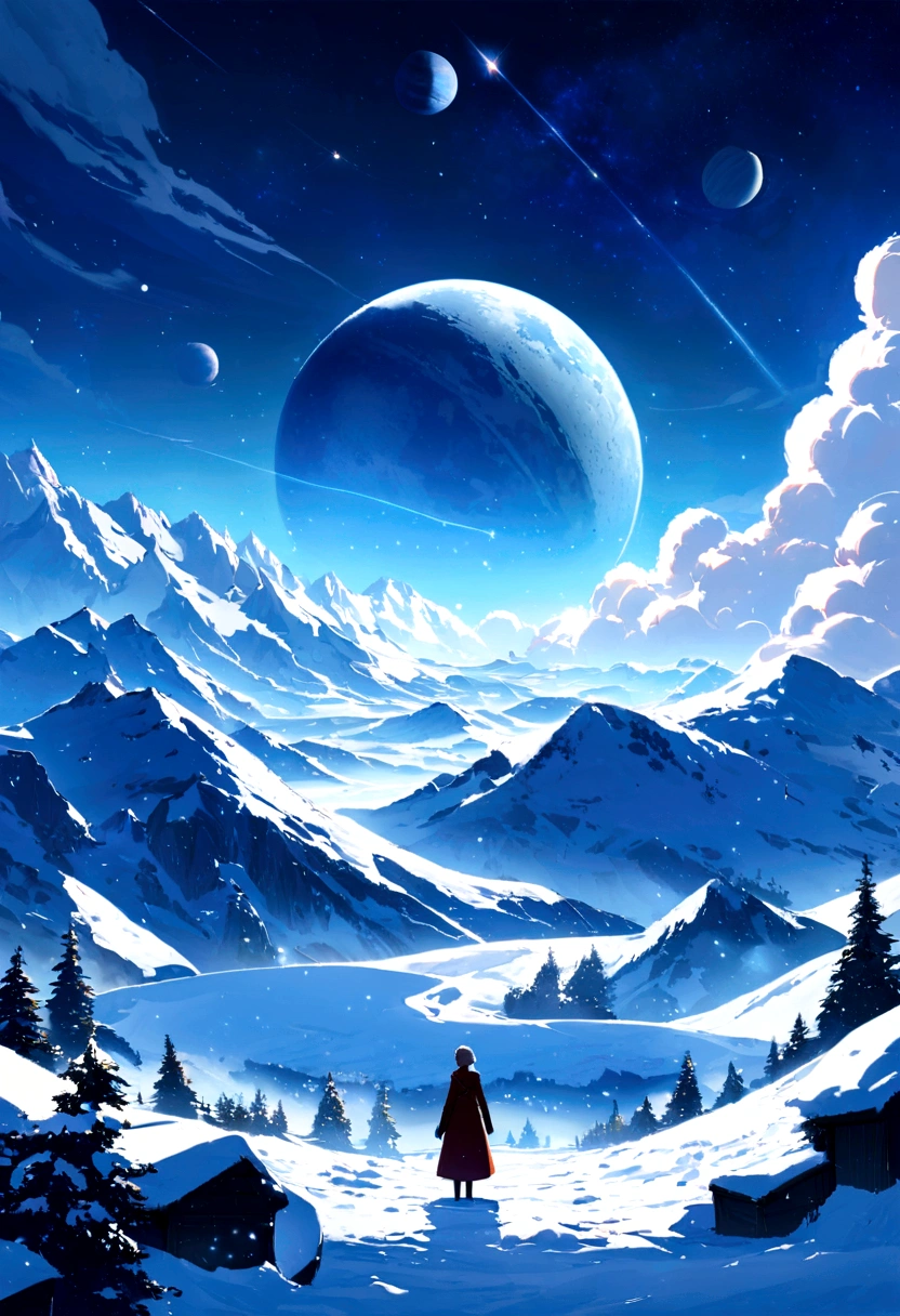 Rear View, Because I can&#39;t see your face.Woman standing in a snowy landscape. Snow falls on my outstretched hand.Beautiful sky. Clear skies.Floating stars and planets.Great Blue. High quality down to the smallest detail. Wonderful landscape . people々is far away