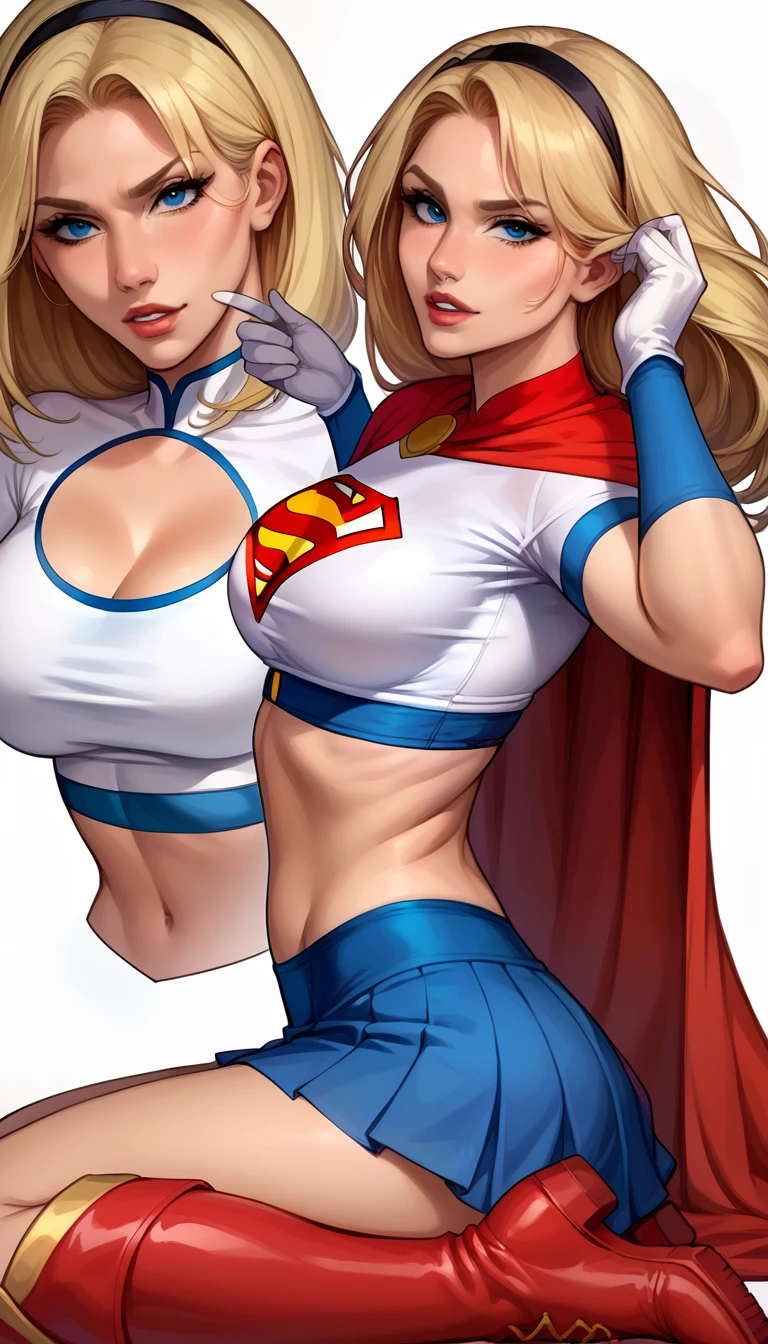 score_9, score_8_up, score_7_up, source_cartoon, BREAK 1girl, solo, Supergirl \(DC Animated Universe\), (long blonde hair:1.2), (black hairband:1.2), (white crop top, short sleeves:1.2), (short red cape:1.2), (short tight blue stretch skirt:1.2), (white gloves:1.2), (red boots:1.2), looking at viewer, parted lips, mature woman, hot, in her bedroom, model poses.