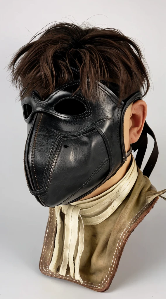 A realistic, detailed leather mask inspired by Leatherface from The Texas Chainsaw Massacre, isolated on a plain background, showing only the mask with no character or face,Mask made from human leather