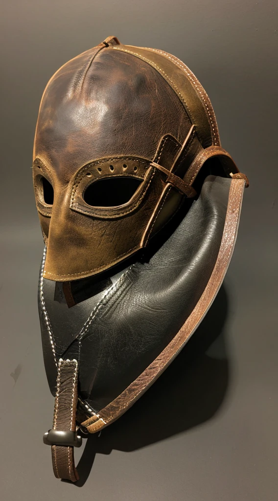 A realistic, detailed leather mask inspired by Leatherface from The Texas Chainsaw Massacre, isolated on a plain background, showing only the mask with no character or face,Mask made from human leather