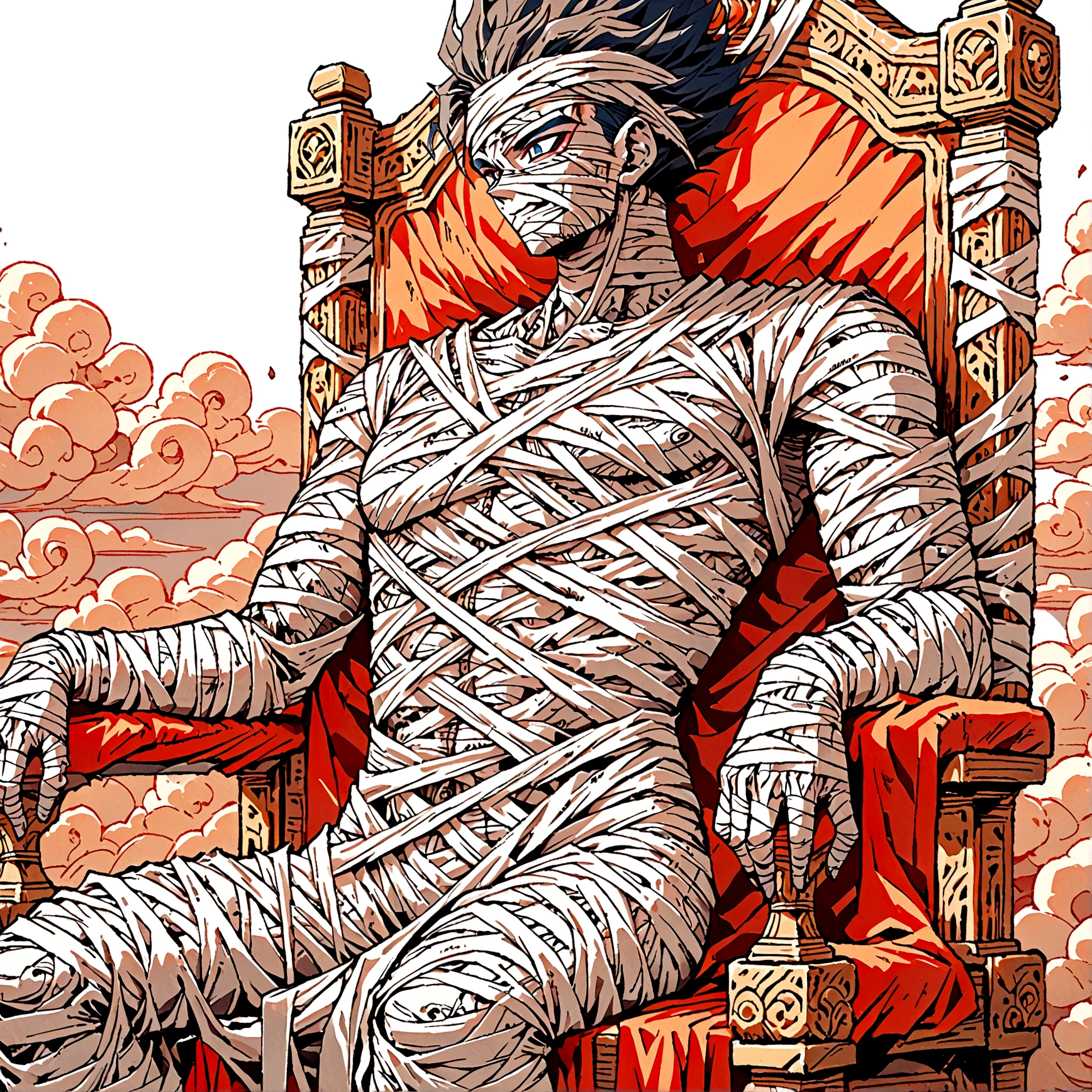 Male Mummy sitting on throne made of clouds 