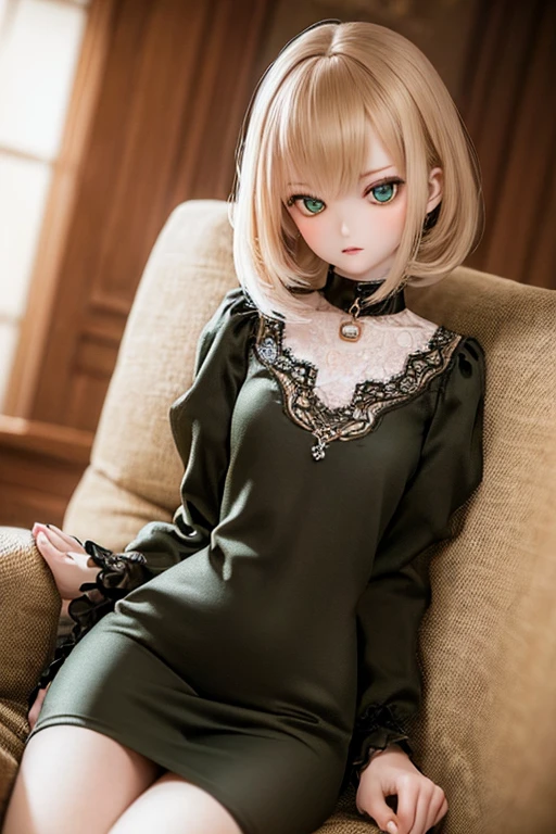 photorealistic, realistic photo, ((highest quality)), ((masterpiece)), (extremely detailed), kukolnydom, doll, (mature woman:1.6), solo, eye level shot, sitting on sofa, reclining, green eyes, (looking down, blank eyes, empty eyes, detailed eyes:1.3), (light smile), dress, museum, 8k