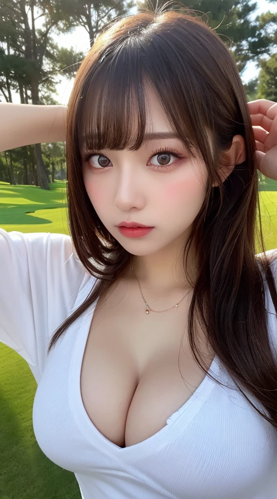 best quality, surreal, very natural, very detailed, in detail, highest resolution, 8K wallpapers, Complete dynamic configuration, beautiful detailed eyes, natural lip, sexy golf clothes , big bust, split, random sexy poses, whole body, natural makeup, cleavage