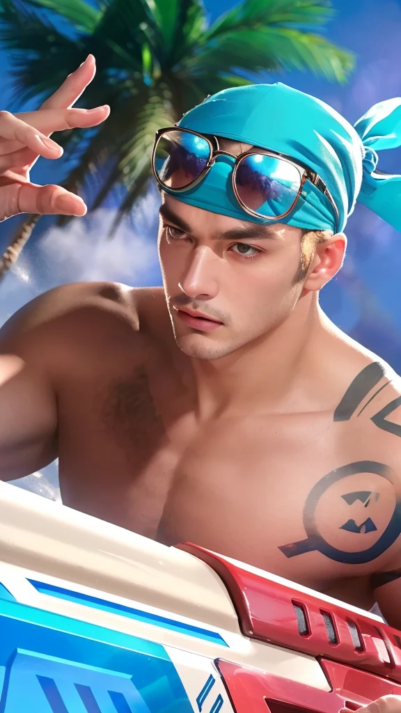 a close up portrait of a man with a blue bandana, sunglasses, detailed facial features, chiseled jawline, rugged handsome, cinematic lighting, high contrast, dramatic shadows, moody color palette, dark and gritty, cinematic, hyperrealistic, 8k, detailed textures, masterpiece