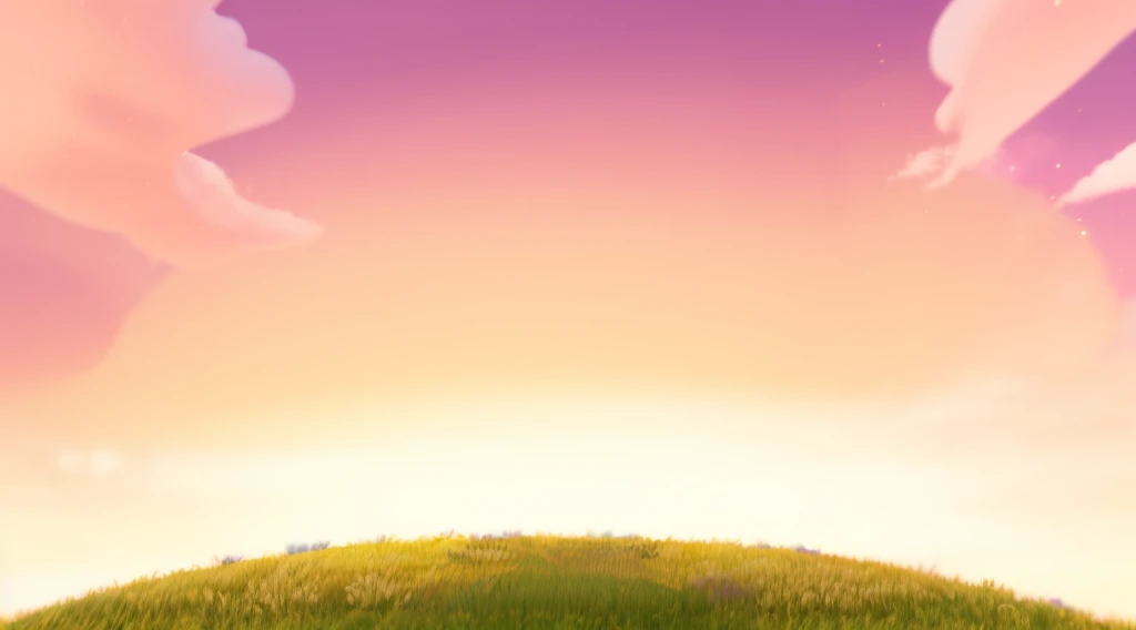 Game architecture design, Cartoon,,casual game style, ,C4D,,masterpiece,Super Detail,Best quality,grassland,dusk,Pink and purple sky,Pink clouds,Light,黄绿色的grassland,3d,C4D,high quality,unmanned,
