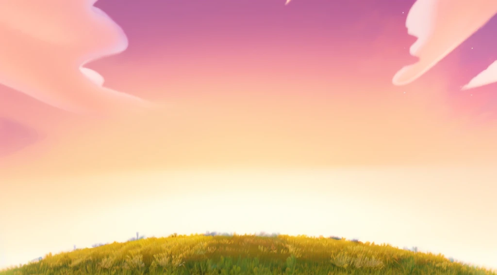 Game architecture design, Cartoon,,casual game style, ,C4D,,masterpiece,Super Detail,Best quality,grassland,dusk,Pink and purple sky,Pink clouds,Light,黄绿色的grassland,3d,C4D,high quality,unmanned,