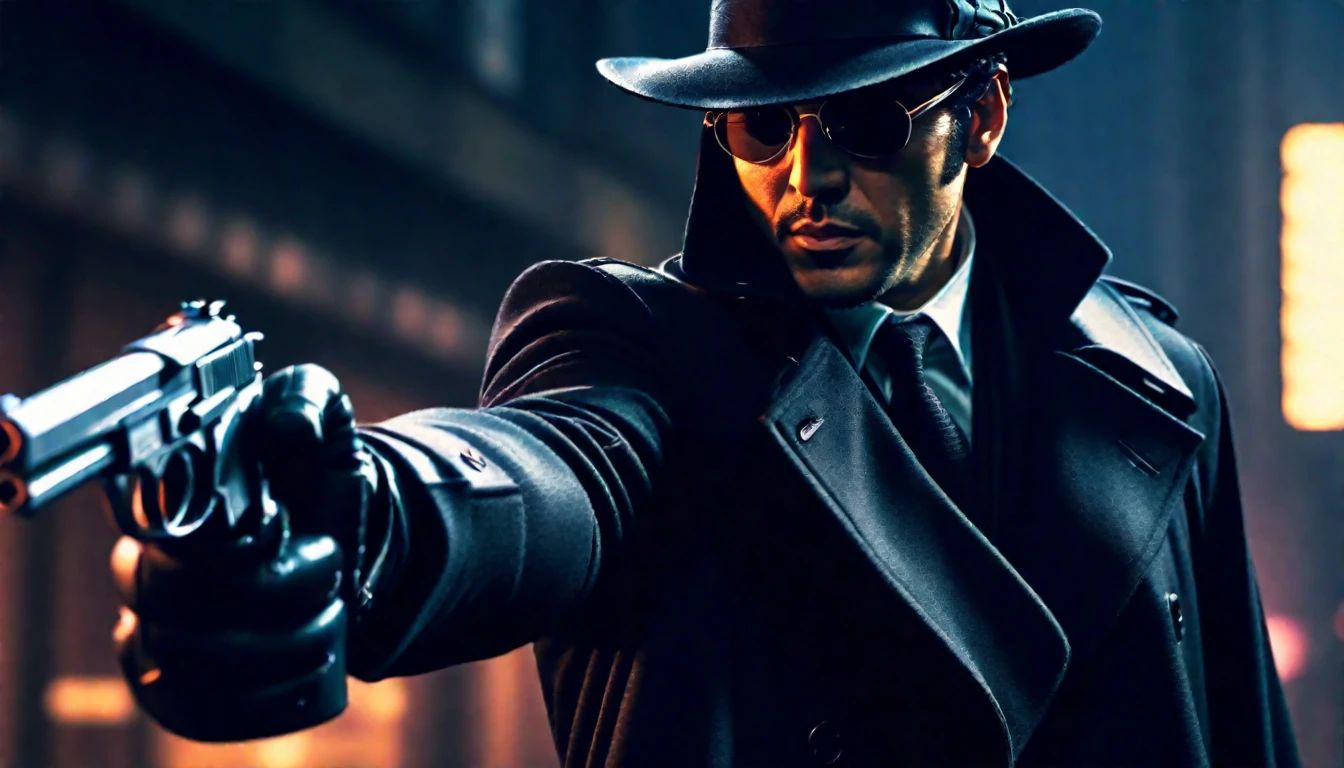 score_9, score_8_up, score_7_up, source_anime, detailed, 8k, cinematic angle, rating from side, safe, Wide-angle lens, a man in Black Trench Coat and Borsalino is holding a handgun to viewer, sunglasses,