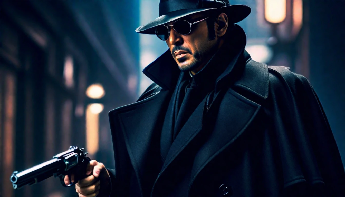 score_9, score_8_up, score_7_up, source_anime, detailed, 8k, cinematic angle, rating from side, safe, Wide-angle lens, a man in Black Trench Coat and Borsalino is holding a handgun to viewer, sunglasses,