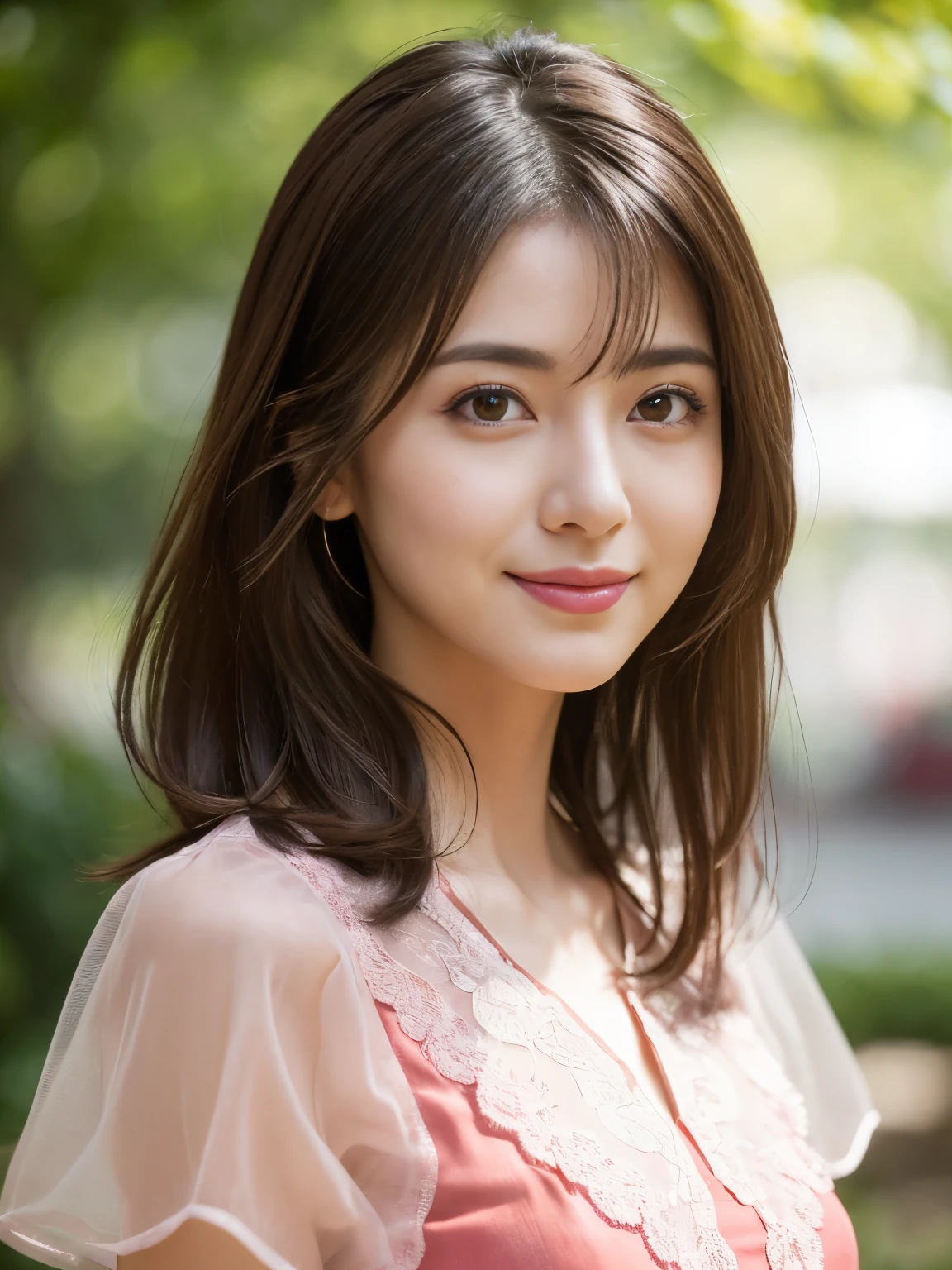 (RAW Photos), (Photo Real), (masterpiece), (Highest quality), High resolution, 8K resolution, (Intricate details), (Volumetric Light), Portraiture, woman, 30 years old, Medium Hair, Layered Hair, Brown Hair, Highly detailed eyes, Source order, Very thin eyebrows, Highly detailed skin, Highly detailed mouth, Highly detailed nose, Cute like an idol, smile, ((Pink lipstick)), ((Look at the viewers)), (An elegant and transparent red see-through short-sleeved dress), ((Randomly oriented bodies)), Green park background, West Shot,
