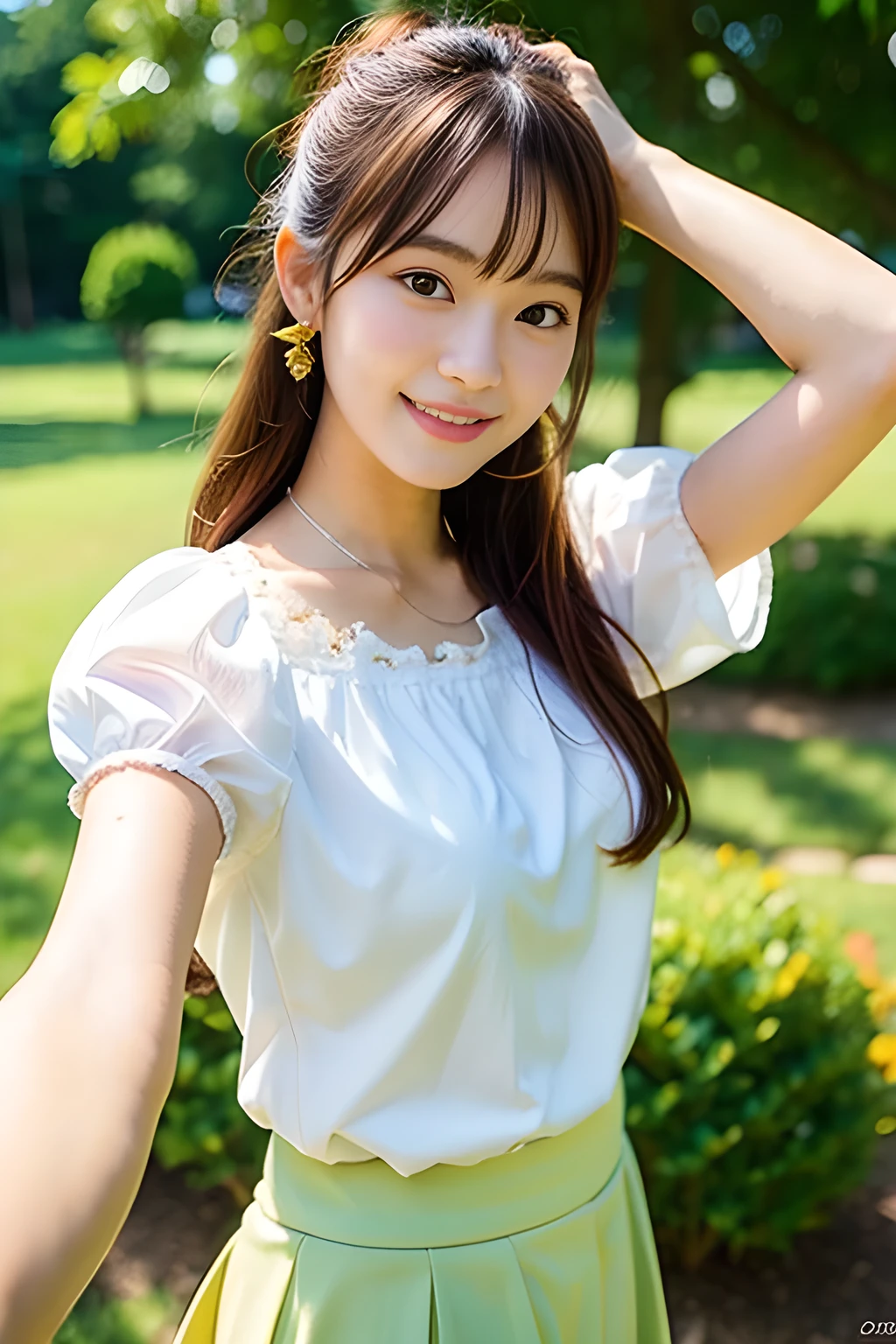 masterpiece, high quality, Photo realistic, BREAK, 1 Japanese girl, 20 years old, baby face, smiling, summer outfit, short sleeve, puff sleeve blouse, long skirt, simple background, natural light, bright, cute, selfie style,