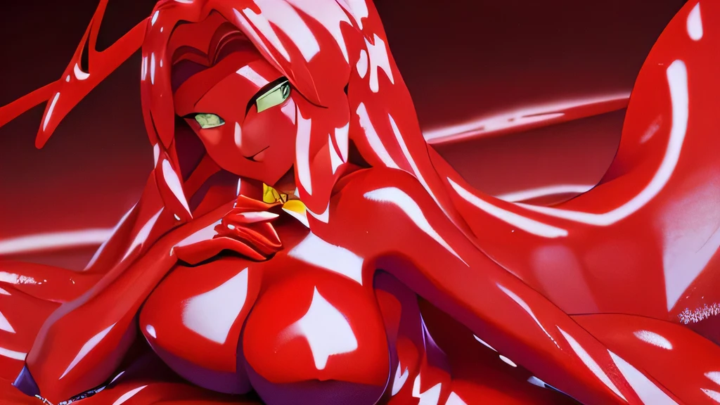 (masterpiece,best quality,ultra-delicate,Perfect Face,16k,high resolution,very beautiful woman),Red Slime Body, Green Eyes, Yellow bow tie,jamanen:1.3,((melting body,Melting legs, melting hair,melting breasts)) ,(huge Breasts),Long Hair,Shiny body,red Muddy caves,smirk,anime style