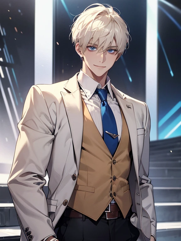 (Masterpiece, highres, best quality, finely detailed), male, smile expression facade, platinum blonde hair, short hair, White blazer, white shirt, blue tie, tan vest cardigan, belt, black pants, blue eyes, student, super detail, accurate.