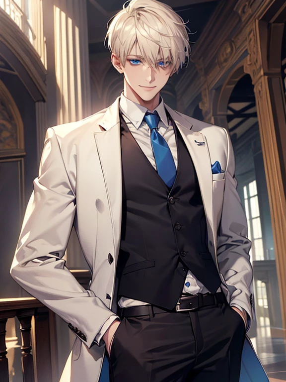 (Masterpiece, highres, best quality, finely detailed), male, smile expression facade, platinum blonde hair, short hair, White blazer, white shirt, blue tie, tan vest cardigan, belt, black pants, blue eyes, student, super detail, accurate.