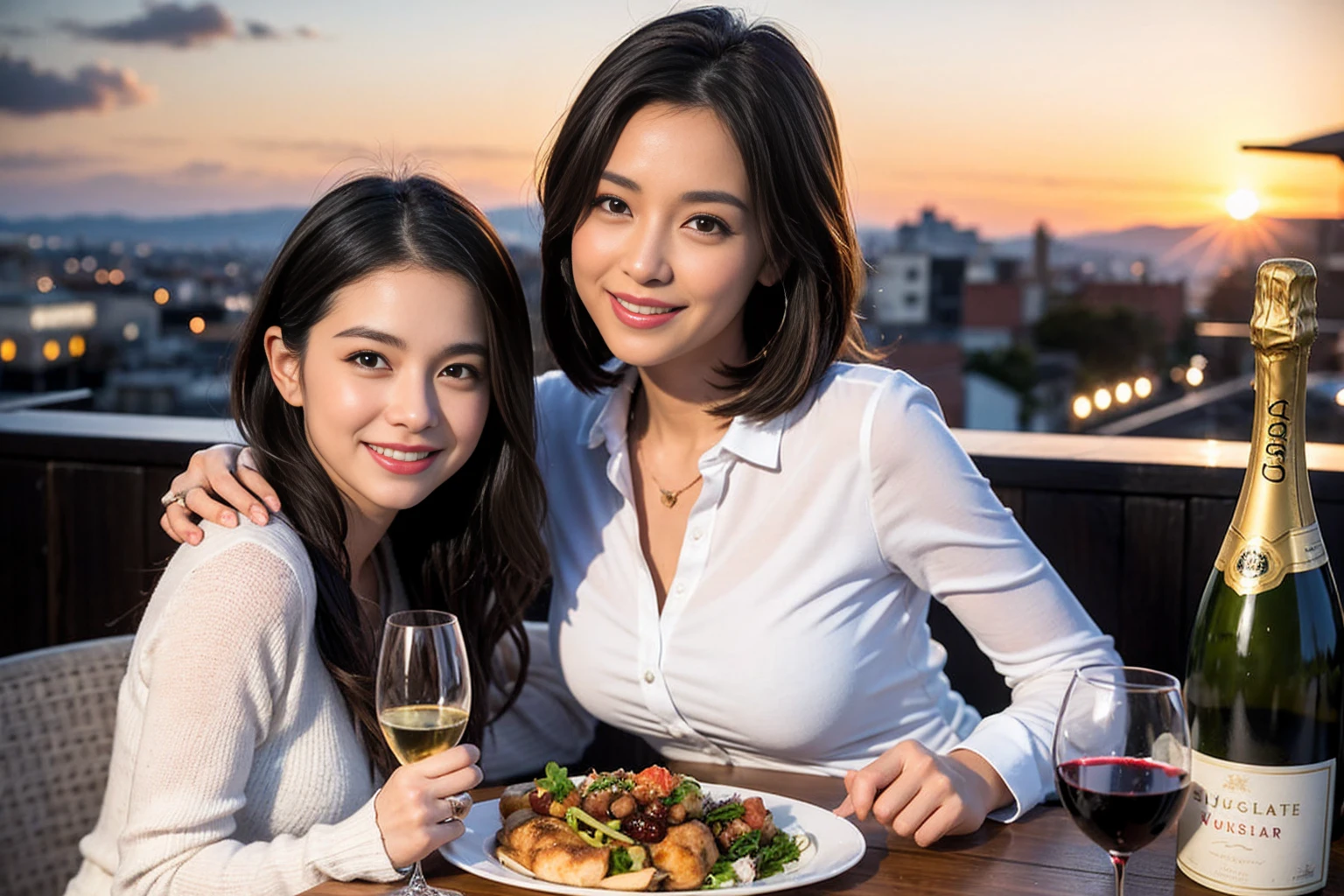 ((Highest quality、8K、masterpiece:1.3))、1 male 1 female、Slim lover、Beautiful couple、Smile、full-course dinner、 (Slim face), (the body is スリム), (Brown Hair), (Shortcuts), テーブルの上のwine glass、Shine light on your face、 Amazing view of the sunset sky and clouds、The beauty of a smile、Bright image、Blushing, Shortcuts, (Age 35), 39 years old, Appetizers、Italian food、Wine bottle、Champagne、sparkling wine、Long sleeve shirt、dress、actress, model, Upper Body, White wine, red wine, wine glass,