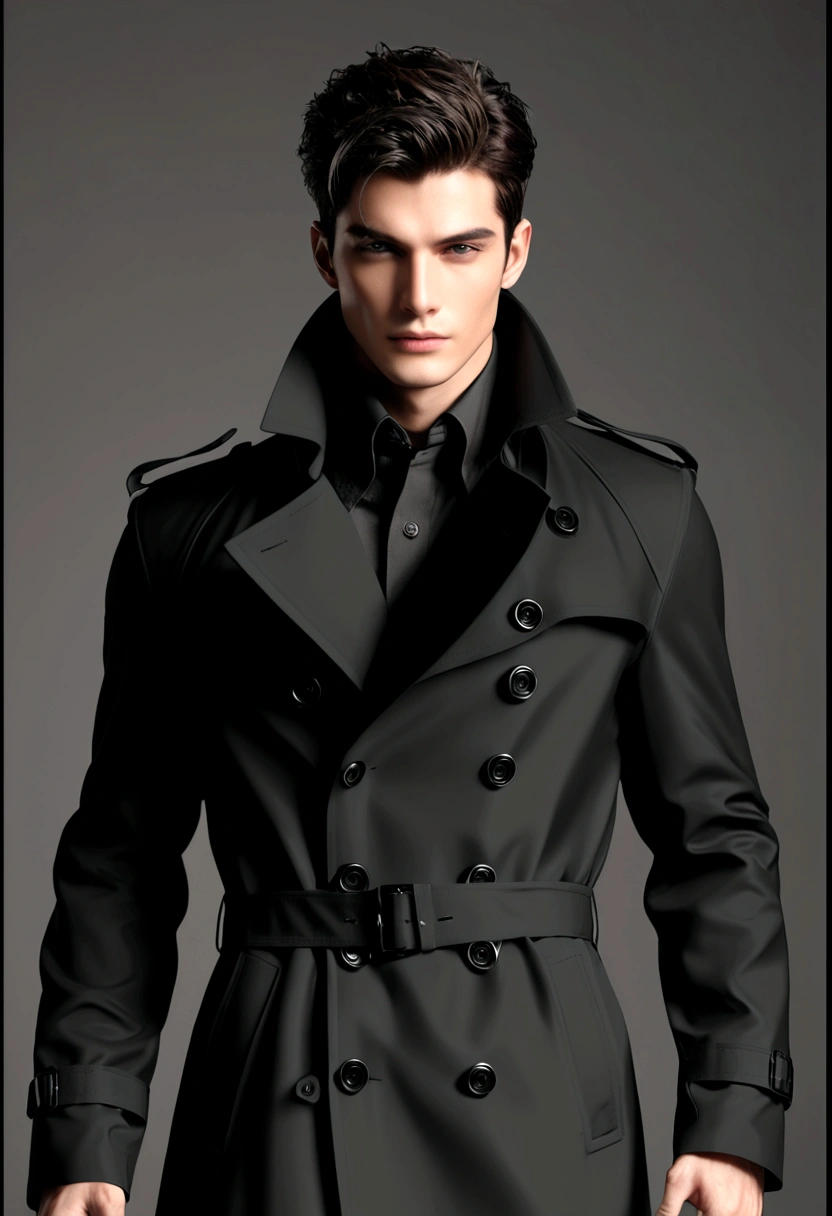 Handsome male model，Black trench coat，Stereoscopic cropping，Texture，HD，Photography Art