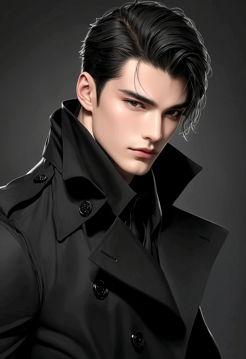 Handsome male model,Black trench coat,Stereoscopic cropping,Texture,HD,Photography Art