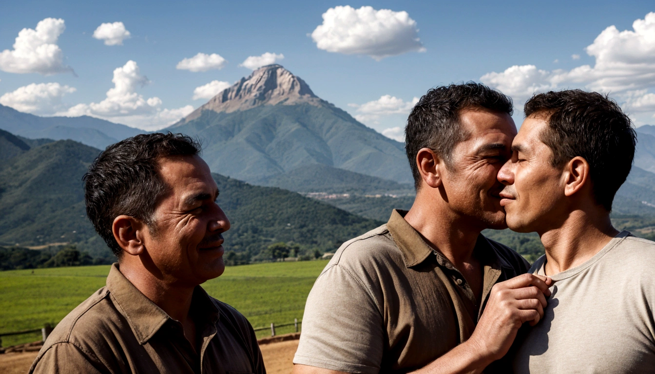 generates two peasant men, the men are face to face, giving a romantic kiss, They smile, THE MEN ARE APPROXIMATELY 55 YEARS OLD, ARE medium close-up, Very detailed, his wardrobe is simple, IT HAS A PANTS AND A SHIRT of men working in the COLOMBIAN field. In the background you can see a MOUNTAIN landscape., The background is slightly out of focus..