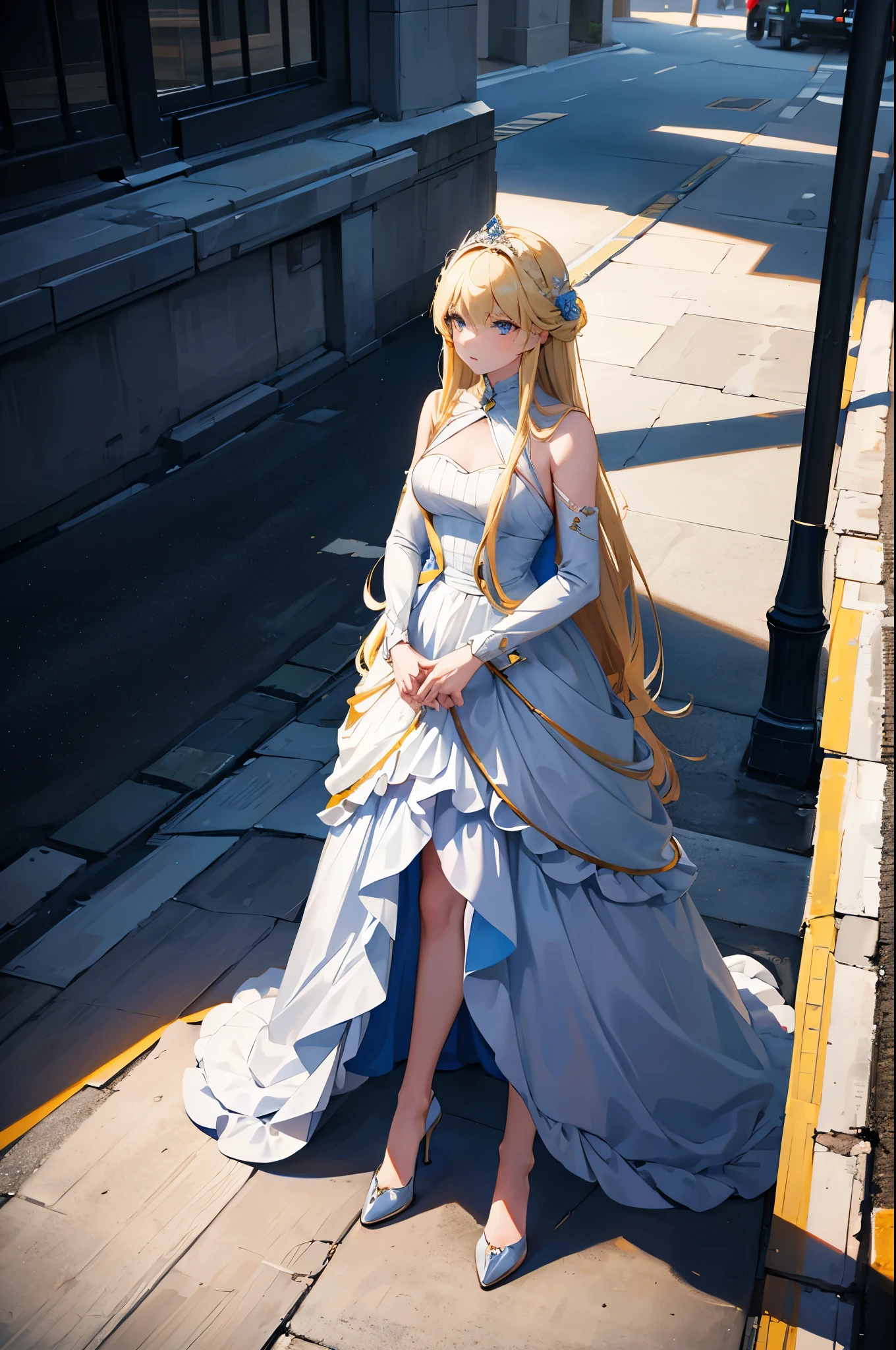 1woman, long hair, blonde hair, blue eyes, formal dress, standing on ground, high res, ultra sharp, 8K, masterpiece