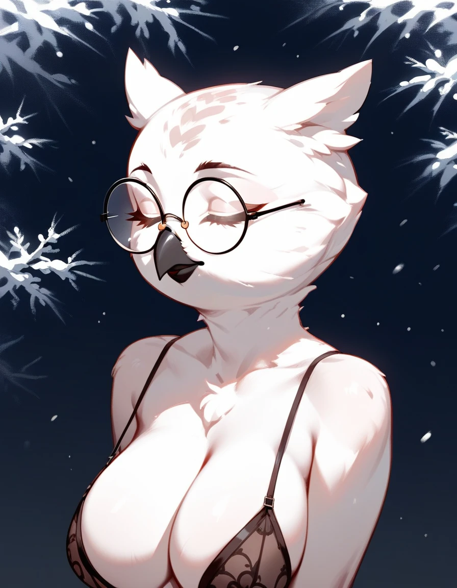 score_9,score_8_up,score_7_up, an Anthro avian snow owl, white and black female snow owl, beak, tall and curvy, naked, closed eyes, big round glasses, wearing black lingerie, 