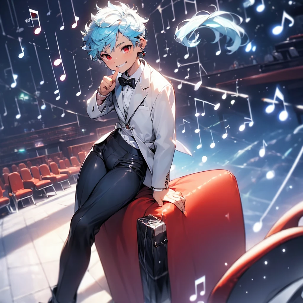 (solo:2.5), (boldline:-1.7), (put index finger on mouth:1.5), (floating musical notes:1.7), (sitting on red chair:1.5), (((fang))), (((best finger))), BREAK (best quality:1.5), (absolutely resolution:1.5), (ultra detailed:1.5), (masterpiece:1.5), (perfect face), (detailed face), (detailed eyes:1.3), (best eyes), (cute face), (shota:2), BREAK (tuxedo:1.5), (bulge:1.6), (skinny:1.3), BREAK (light blue hair:1.5), (spiked hair), (wine red eyes:1.4), (eyes with highlight:1.6), ((mole under eye)), (sweaty skin), (grin:1.5), ((earrings)), (shiny skin:1.3), BREAK (concert hall:1.5), (spot light:1.3), (at concert), (many people), ((wind blowing)), frow below, (upper body),