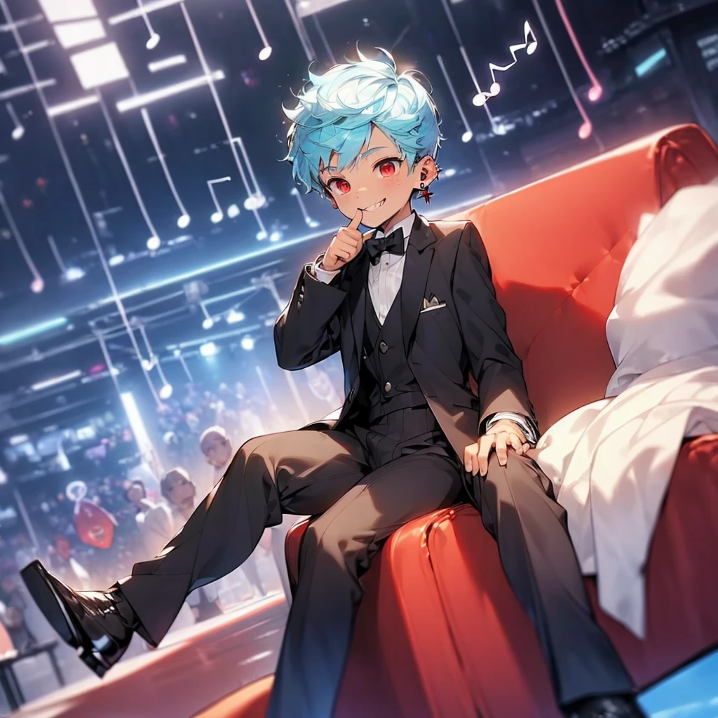 (solo:2.5), (boldline:-1.7), (put index finger on mouth:1.5), (floating musical notes:1.7), (sitting on red chair:1.5), (((fang))), (((best finger))), BREAK (best quality:1.5), (absolutely resolution:1.5), (ultra detailed:1.5), (masterpiece:1.5), (perfect face), (detailed face), (detailed eyes:1.3), (best eyes), (cute face), (shota:2), BREAK (tuxedo:1.5), (bulge:1.6), (skinny:1.3), BREAK (light blue hair:1.5), (spiked hair), (wine red eyes:1.4), (eyes with highlight:1.6), ((mole under eye)), (sweaty skin), (grin:1.5), ((earrings)), (shiny skin:1.3), BREAK (concert hall:1.5), (spot light:1.3), (at concert), (many people), ((wind blowing)), frow below, (upper body),