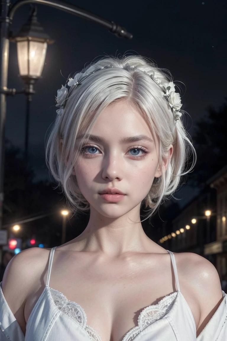 (best quality,4k,8k,highres,masterpiece:1.2),ultra-detailed,realistic,norwegian girl,white hair,white outfit,pharaoh haircut,roses in hair,detailed eyes, clothe of goddess, detailed lips,star under one eye, night background, street lamps lighting up the scene
