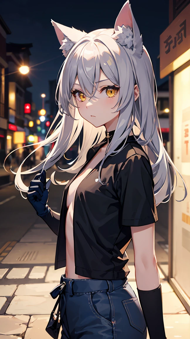 Colorful, 1girl, blue gloves, black shirt, open shirt, glowing eyes, confidence, long wild hairstyle, hair between eyes ,gray hair, yellow eyes, wolf ears, small breast, tomboy, wallpaper, landscape, depth of field, noon, city, street, walk, light particles, light rays, sidelighting, japanese school pants