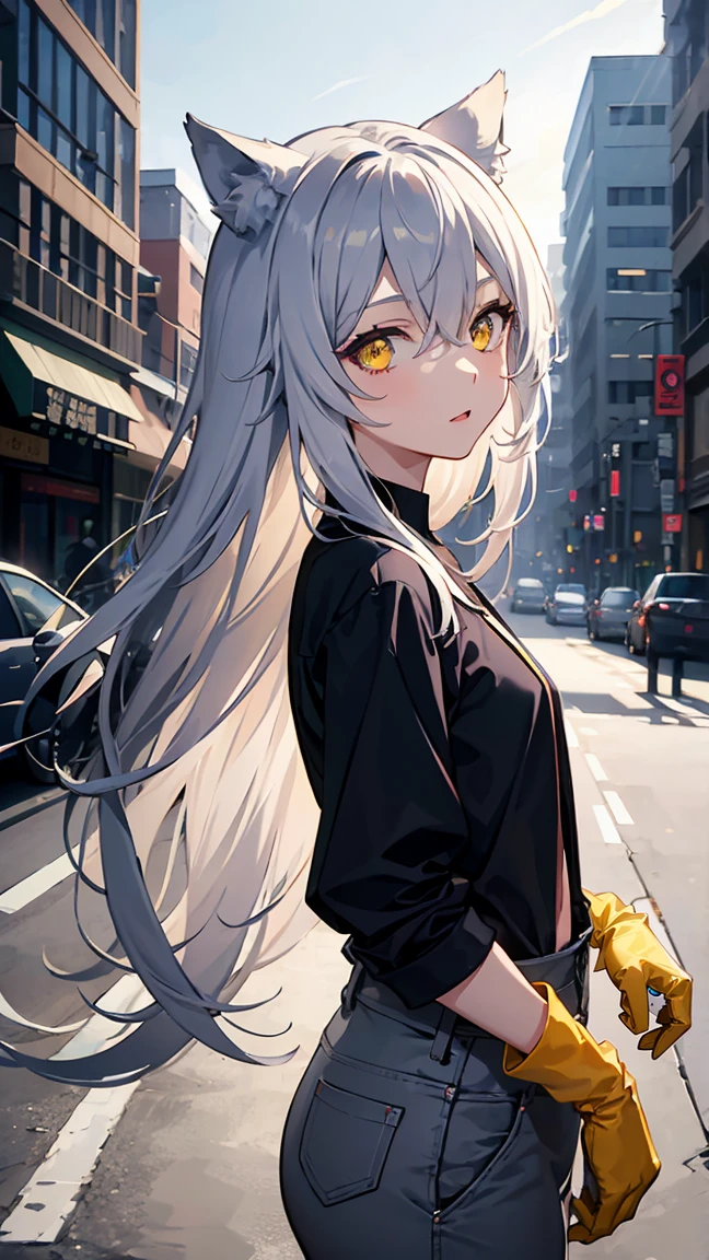 Colorful, 1girl, blue gloves, black shirt, open shirt, glowing eyes, confidence, long wild hairstyle, hair between eyes ,gray hair, yellow eyes, wolf ears, small breast, tomboy, wallpaper, landscape, depth of field, noon, city, street, walk, light particles, light rays, sidelighting, japanese school pants