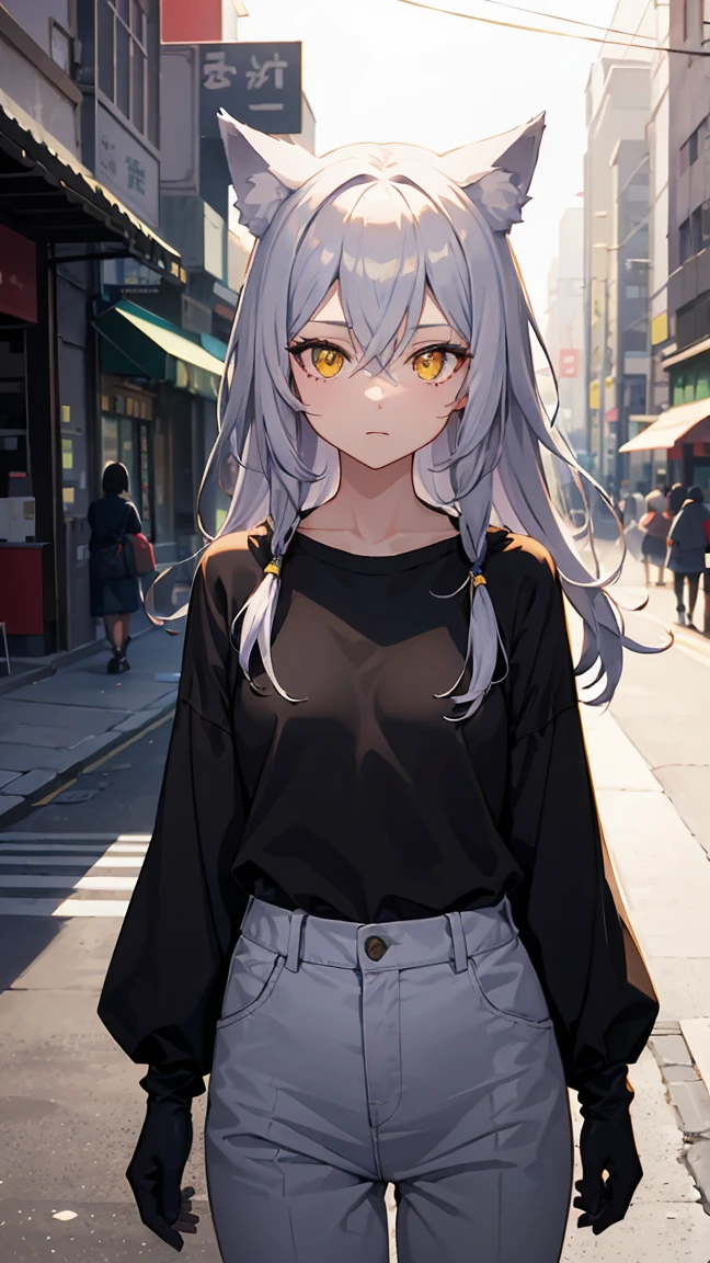 Colorful, 1girl, blue gloves, black shirt, open shirt, glowing eyes, confidence, long wild hairstyle, hair between eyes ,gray hair, yellow eyes, wolf ears, small breast, tomboy, wallpaper, landscape, depth of field, noon, city, street, walk, light particles, light rays, sidelighting, japanese school pants