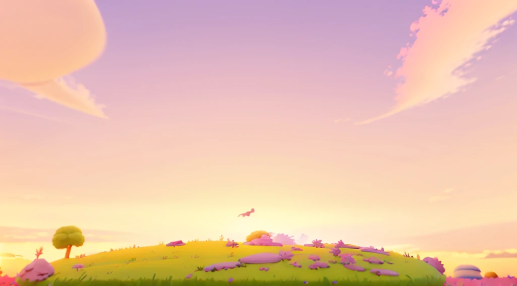 Game architecture design, Cartoon,，casual game style, ,C4D，，masterpiece，Super Detail，Best quality，grassland，dusk，Pink and purple sky，Pink clouds，Light，黄绿色的grassland，3d，C4D，high quality，unmanned，