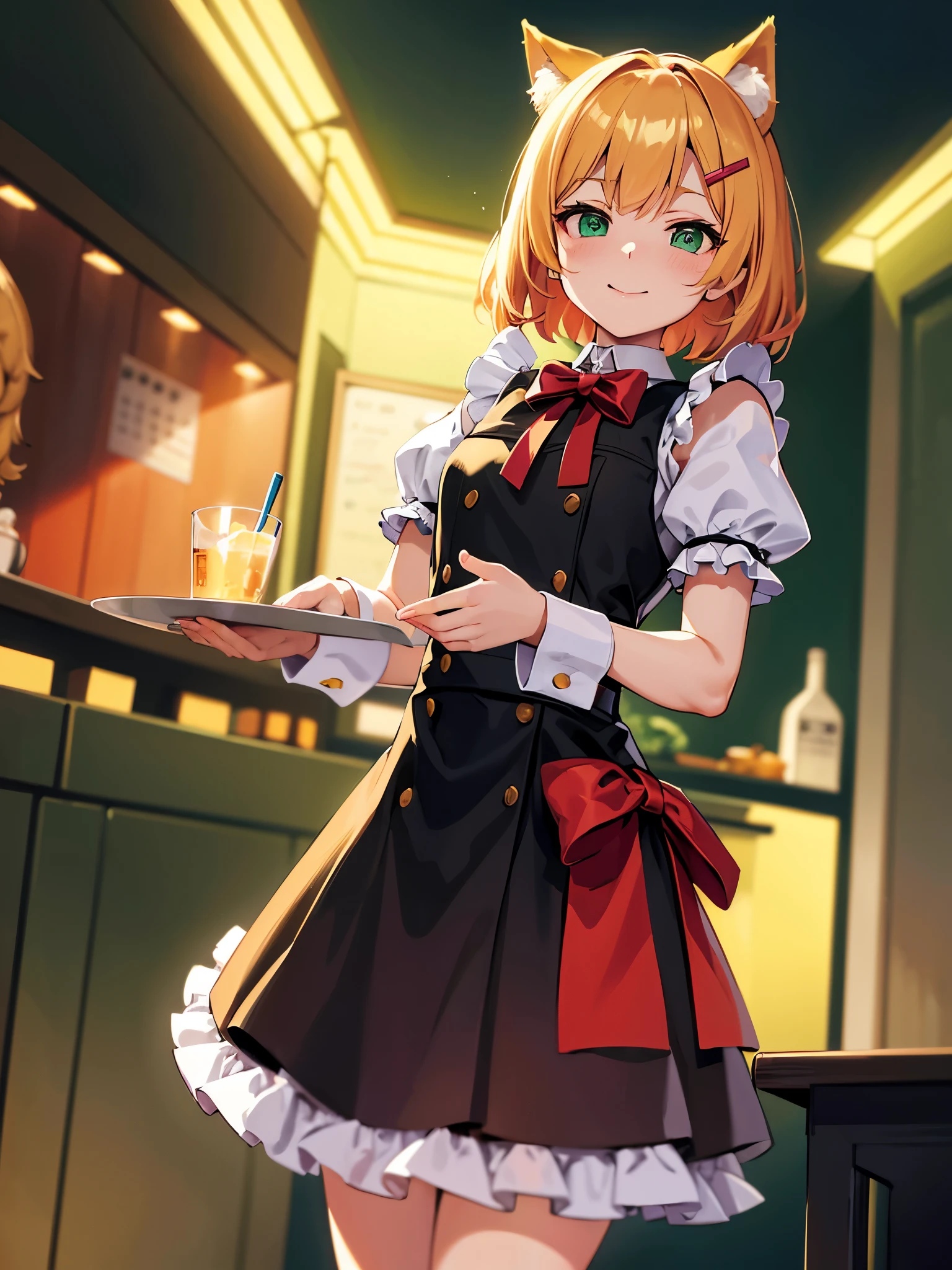 1short girl, li, maid outfit, golden blonde short hair, red hair clip, green emerald eyes, cat ear, neko mimi, cute sweet smile, very very anime style, best quality, 4k, 8k, highres, masterpiece:1.2, ultra-detailed, HDR, UHD, studio lighting, ultra-fine painting, sharp focus, physically-based rendering, extreme detail description, professional, vivid colors, bokeh,