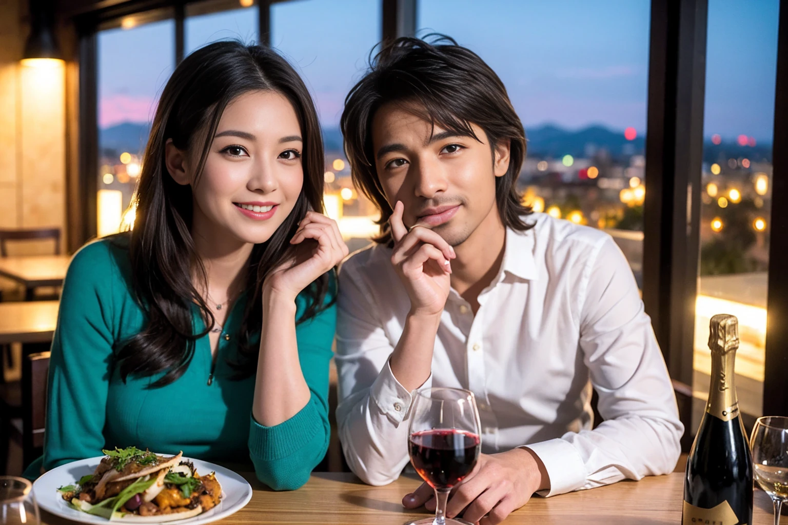 ((Highest quality、8K、masterpiece:1.3))、1 male 1 female、Very short slim lover、Beautiful couple、smile、full-course dinner、 (Slim face), (the body is スリム), (Brown Hair), (Shortcuts),  テーブルの上のwine glass、Put the light on your face、 Amazing view of the sunset sky and clouds、smileの美しさ、Bright image、Blushing, Shortcuts, (43 years old), 39 years old, Appetizers、Italian food、Wine bottle、Champagne、sparkling wine、Long sleeve shirt、dress、Attractive beauty、restaurant, Nova Frog Style, actress, model, Upper Body, White wine, red wine, wine glass, 
