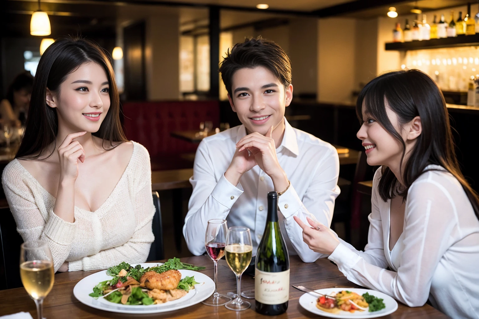 ((Highest quality、8K、masterpiece:1.3))、1 male 1 female、Very short slim lover、Beautiful couple、smile、full-course dinner、 (Slim face), (the body is スリム), (Brown Hair), (Shortcuts), テーブルの上のwine glass、Put the light on your face、 Amazing view of the sunset sky and clouds、smileの美しさ、Bright image、Blushing, Shortcuts, (43 years old), 39 years old, Appetizers、Italian food、Wine bottle、Champagne、sparkling wine、Long sleeve shirt、dress、Attractive beauty、restaurant, Nova Frog Style, actress, model, Upper Body, White wine, red wine, wine glass,