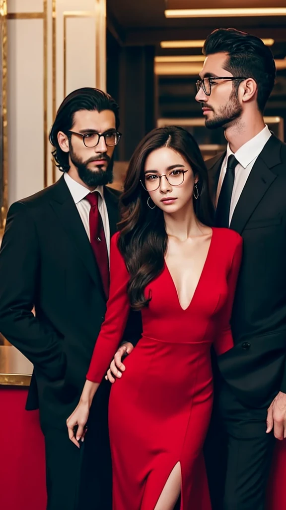 Cover for a mafia book. A young woman in a plain red dress, with long, wavy black hair and glasses. And a handsome man in a black suit, with beard, with well-cut black hair, serious, strong and tall. The couple will be in the background of an office.