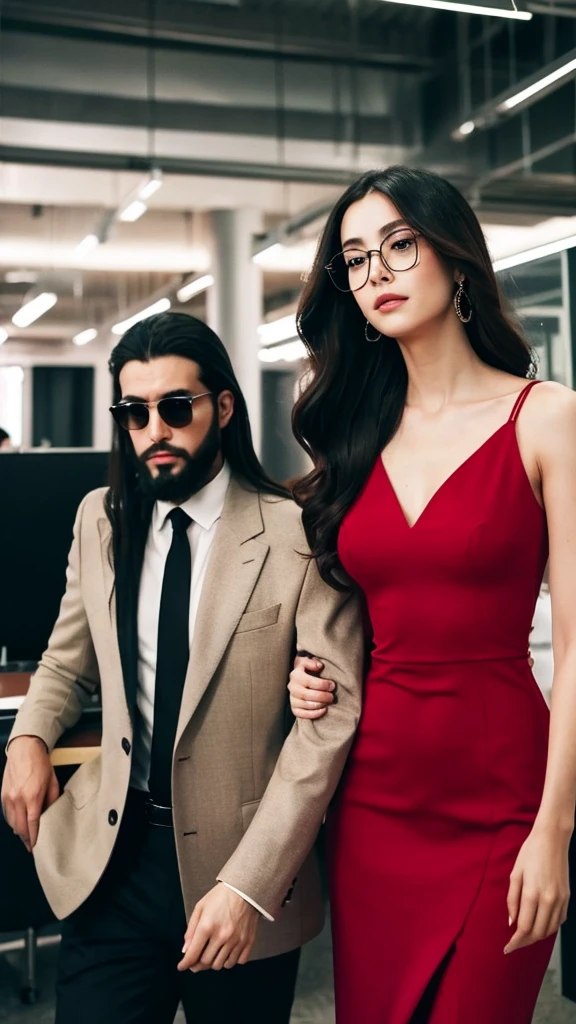 Cover for a mafia book. A young woman in a plain red dress, with long, wavy black hair and glasses. And a handsome man in a black suit, with beard, with well-cut black hair, serious, strong and tall. The couple will be in the background of an office.