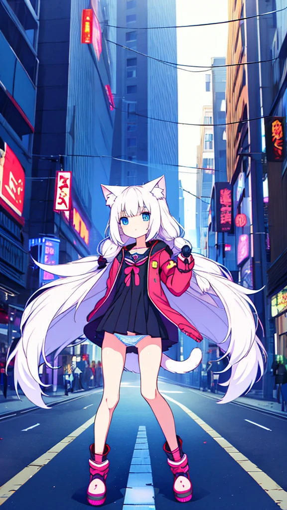 1 beautiful girl, great image quality ,nekomimi, with lots of detail, ray tracing, in a gaming,outfit anime, long stockings, blue eyes, white hair, , in a cyberpunk city , perfect anatomy, full body. Show panties
