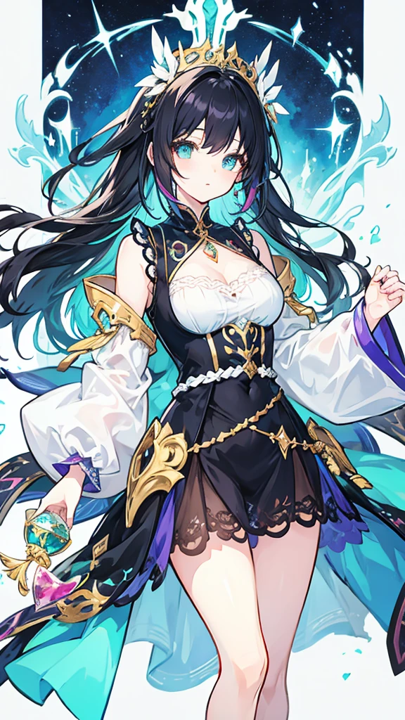 fantasy world girl with colorful hair, accessories, detailed clothes, black hair