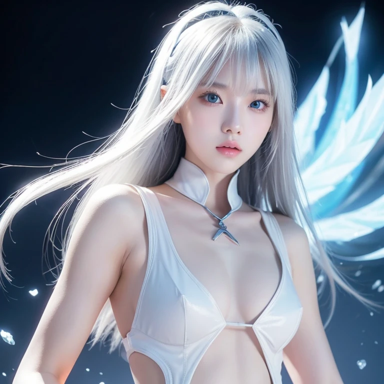 Korean girl, white long hair with bangs, icy blue eyes, white skin, white skimpy ninja suit, video game style, mortal kombat style