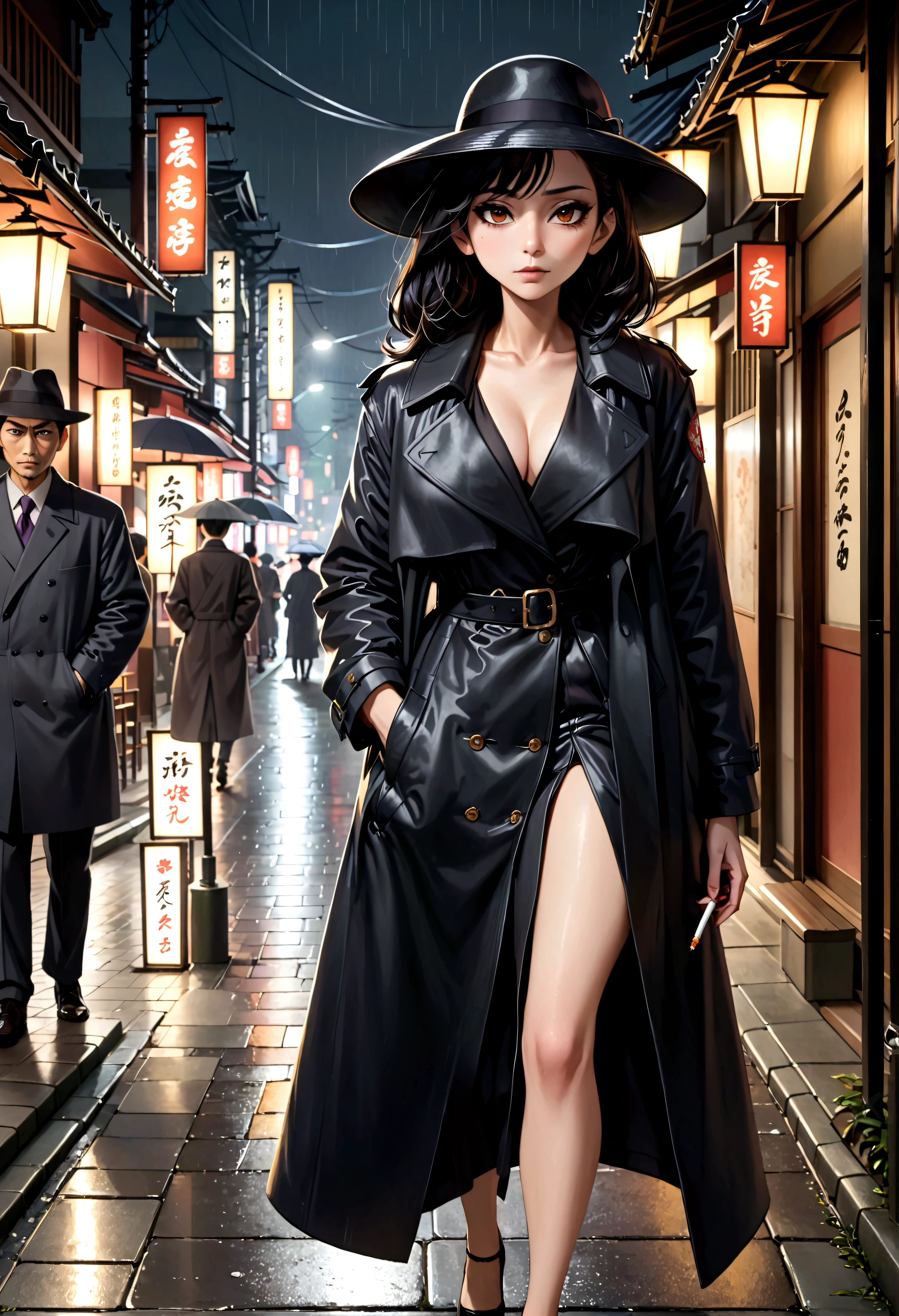 A yakuza member (black trench coat, black felt wide rim hat, lit cigarette, grim dark expression) is walking on the sidewalk on a dreary tokyo night. Light rain, lit by street lamps