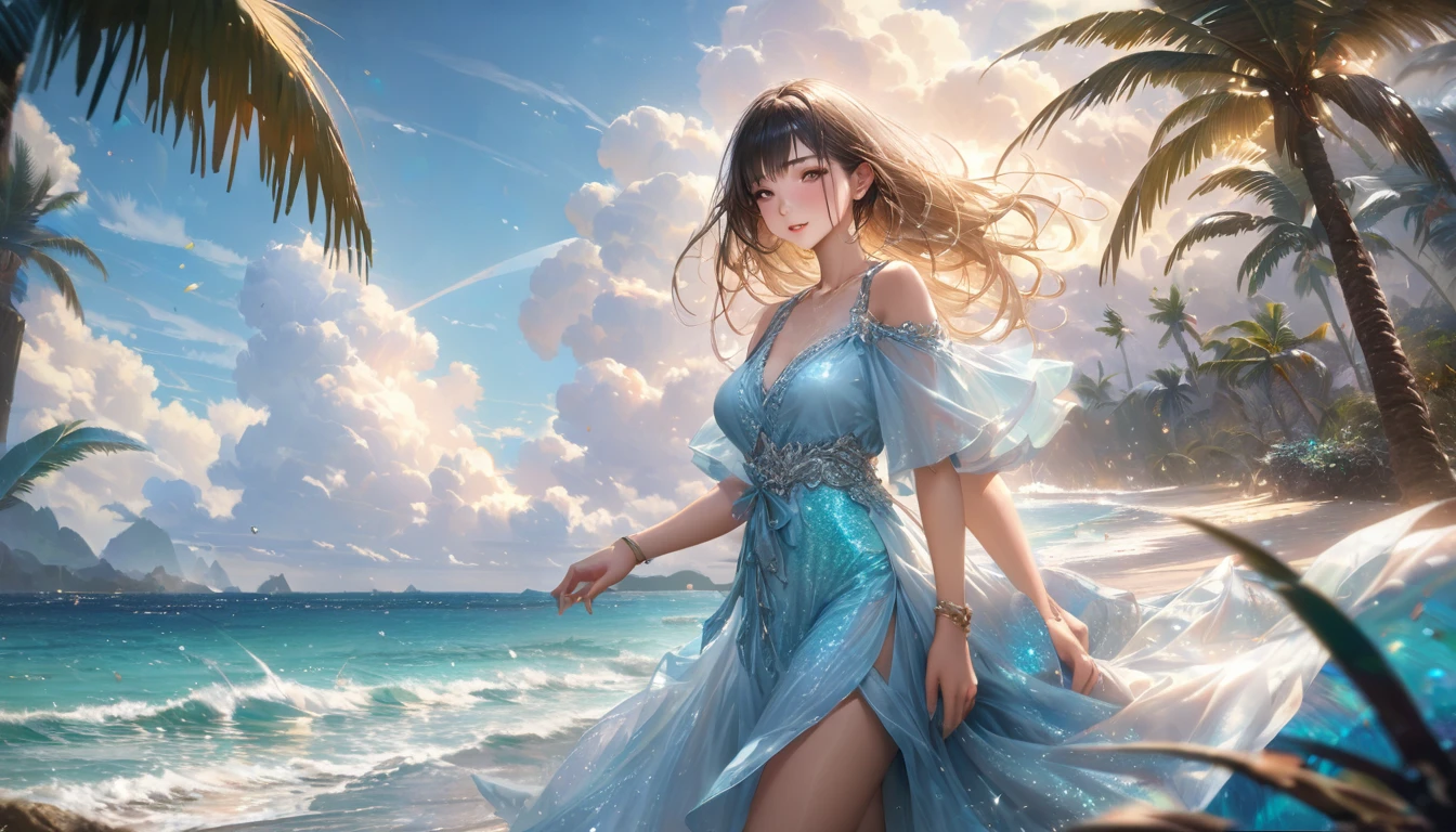 Tropical coast, A wide sea with a visible horizon,A clear sky with cumulonimbus clouds,Palm tree,Blur the background,Pleasant sea breeze,Glitter effect,Highest quality, 8K, High resolution, masterpiece:1.2, Very detailed, Realistic:1.37, High resolution, 超High resolution, Ultra-fine painting, Very detailed, Professional, Vibrant colors