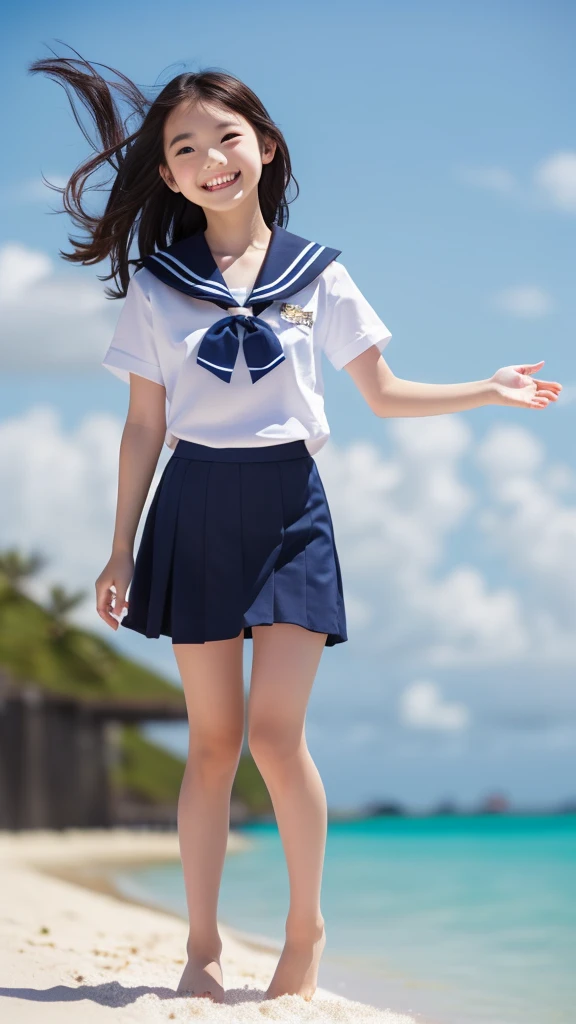 1girl,(((Okinawa ocean)))、(((White sand beaches in Okinawa)))、(((Just join your hands and pray)))、(((Mysterious look)))、8k UHD、Digital single-lens reflex camera、High resolution、Shallow depth of field、Natural light、(((Sailor suit)))、へそ出しルック、(((navy blue super mini skirt)))、(((A sparkling, charming smile)))、(((Full body photography)) )、Small person、(((Young face)))、1 Japanese female、12 years old;beautiful girl、(Black Hair)、A strong wind blows up my skirt、(((Brown eyes)))、Glowing Skin、Smooth Thinning Hair、Long Hair、Detailed background、Detailed eyes and face、Clear Eyes、Cute smile、Calm atmosphere、(((stage)))、(((Small breasts)))、(((Beautiful Eyes)))、Flat chest、Children、(((Toned thighs))) 、(((Angle from below) ))、(((Fine lips)))、(((Skirt fluttering)))、Shining beautiful legs、( Skirt fluttering violently in the strong wind :1.4), (hair blowing in the strong wind:1.4), (leaning forward)、barefoot、barefoot、((((A skirt flipped up by a strong wind))))