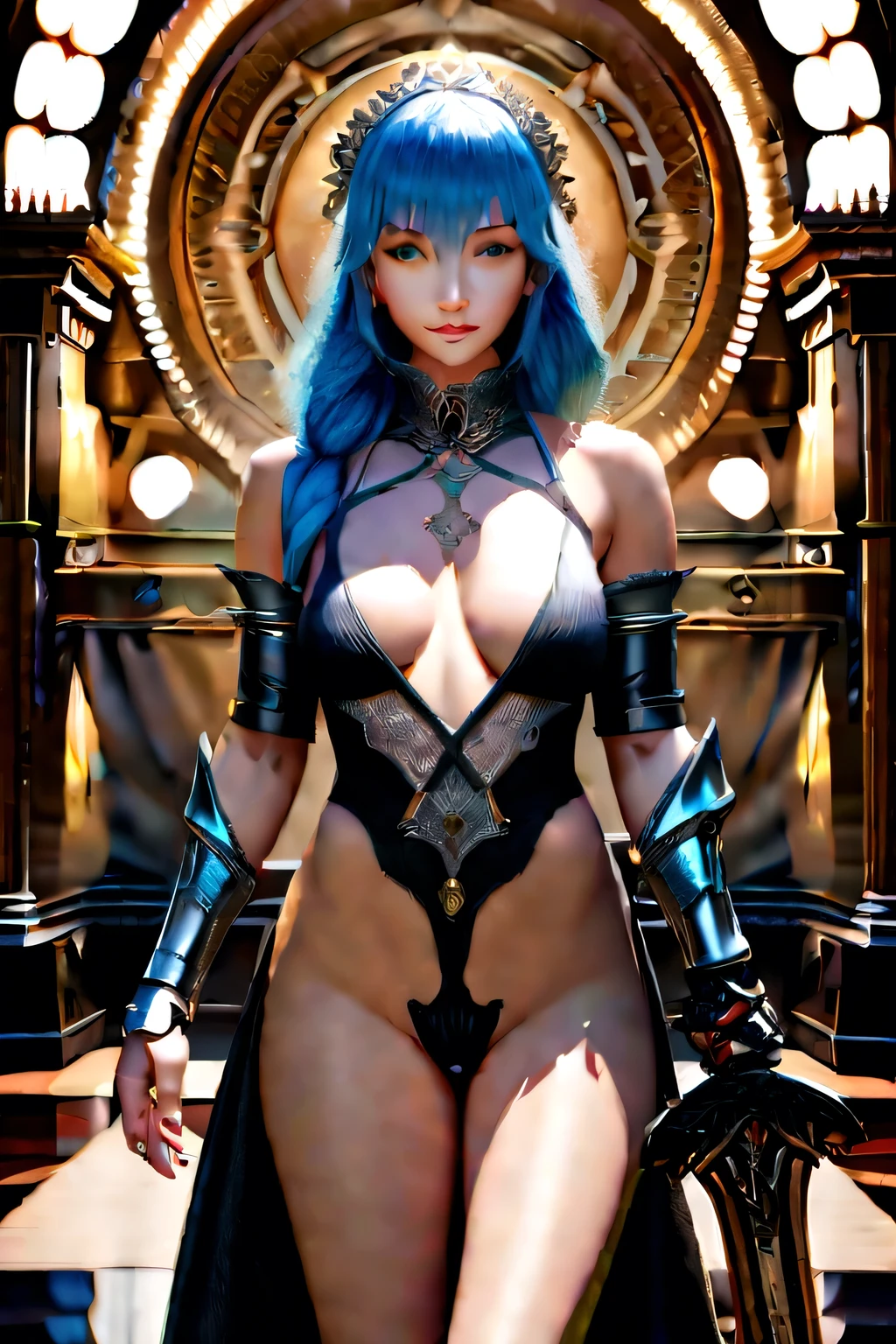 ultra detailed complex 3D rendering of a beautiful anime character, beautiful soft studio light, rim light, vibrant details,luxurious, lace, hyper-realistic, blue hair, showing intimate parts with ultra realism medieval world, holding a sword  