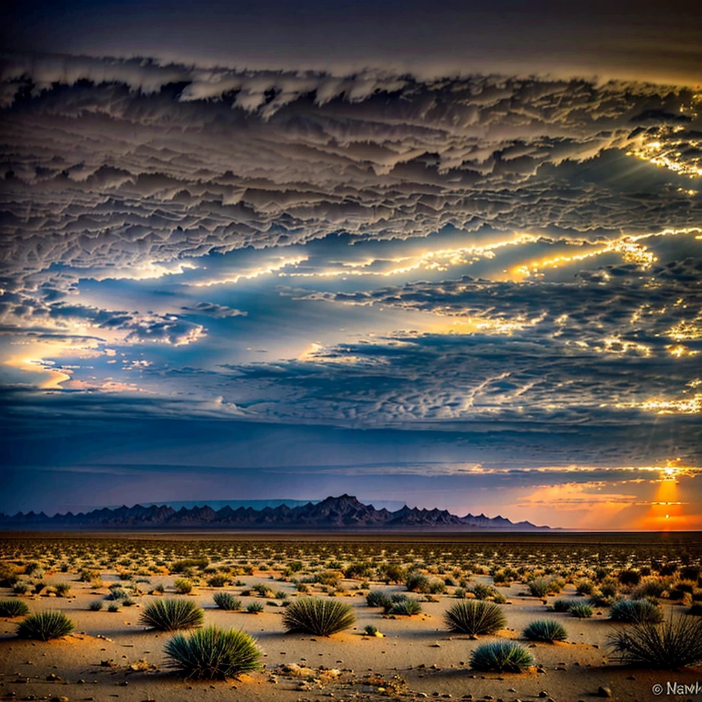 desert, few brush, raining, dark cloud, dawn,