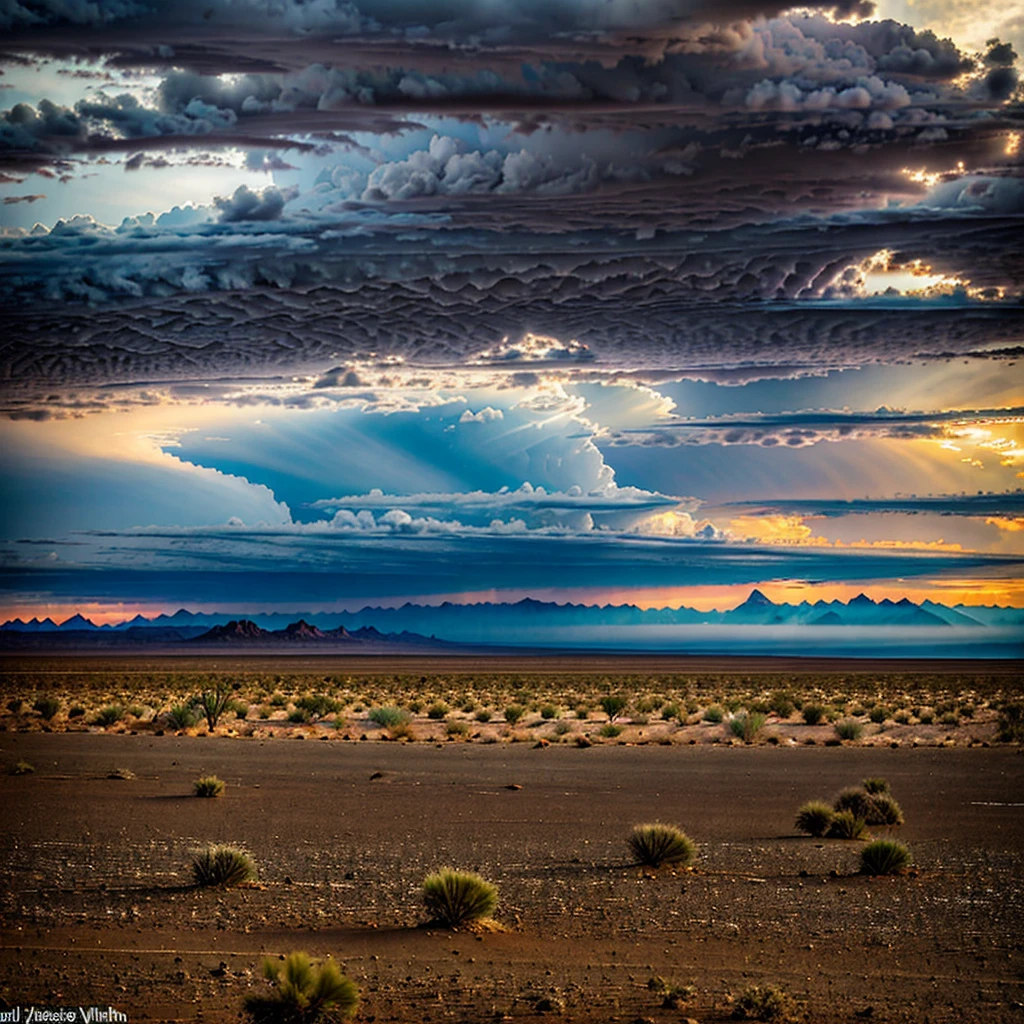 desert, few brush, raining, dark cloud, dawn,
