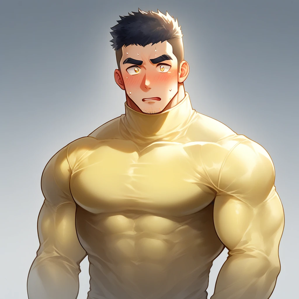 anime characters:Tights superhero, Muscle superhero, 1 muscular tough guy, Manliness, male focus, Light yellow high collar long sleeve tight T-shirt, Very tight, The clothes were soaked with sweat, The pectoral muscles are oversized, Slightly transparent, muscular male, muscular, only, Upper body, alone, Black short hair, Thick eyebrows, stubble, Yellow eyes, Grey background, simple background, amazing quality, best aesthetics, Ridiculous, bright pupils, crew cut, parted lips, shy, blush, moaning, saliva trail, drop shadow, best quality