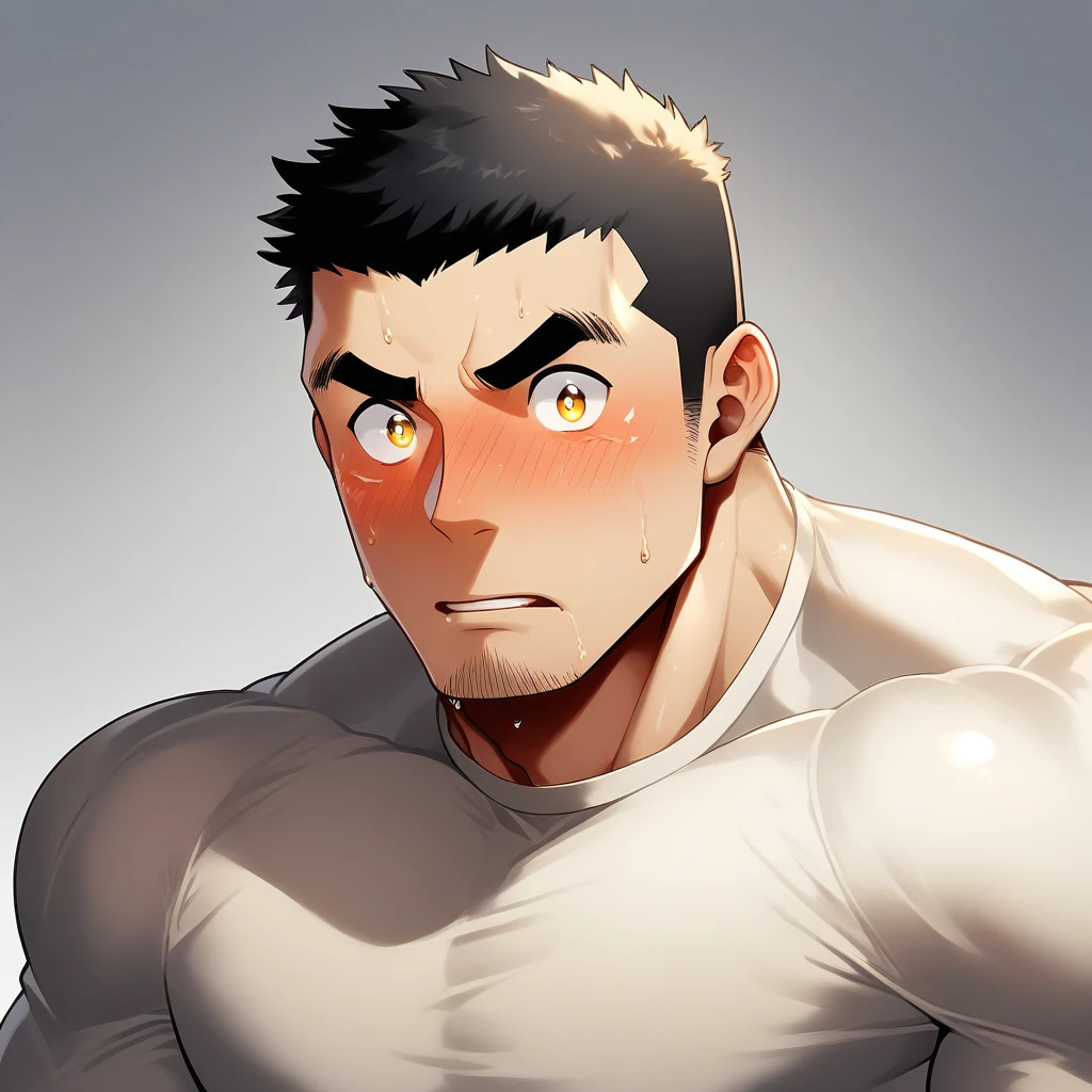 anime characters：Tights superhero, Muscle superhero, 1 muscular tough guy, Manliness, male focus, Light yellow high collar long sleeve tight T-shirt, Very tight, The clothes were soaked with sweat, The pectoral muscles are oversized, Slightly transparent, muscular male, muscular, only, Upper body, alone, Black short hair, Thick eyebrows, stubble, Yellow eyes, Grey background, simple background, amazing quality, best aesthetics, Ridiculous, bright pupils, crew cut, parted lips, shy, blush, moaning, saliva trail, drop shadow, best quality
