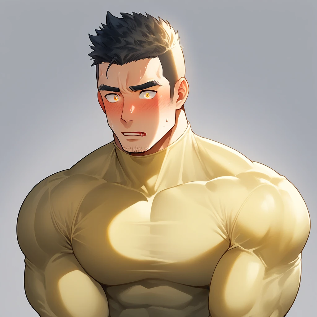 anime characters：Tights superhero, Muscle superhero, 1 muscular tough guy, Manliness, male focus, Light yellow high collar long sleeve tight T-shirt, Very tight, The clothes were soaked with sweat, The pectoral muscles are oversized, Slightly transparent, muscular male, muscular, only, Upper body, alone, Black short hair, Thick eyebrows, stubble, Yellow eyes, Grey background, simple background, amazing quality, best aesthetics, Ridiculous, bright pupils, crew cut, parted lips, shy, blush, moaning, saliva trail, drop shadow, best quality