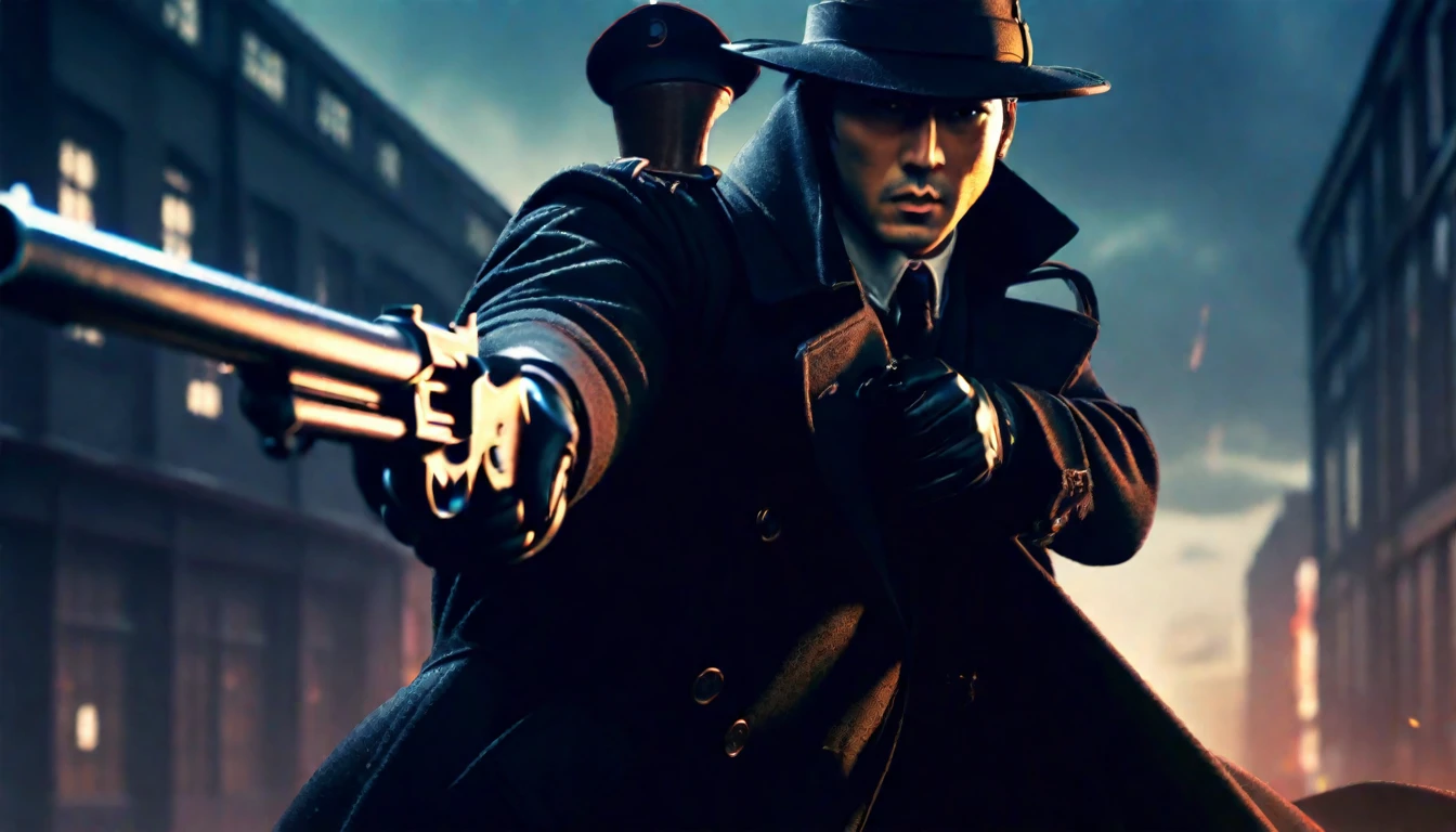 score_9, score_8_up, score_7_up, source_anime, detailed, 8k, cinematic angle, rating from side, safe, Wide-angle lens, a man in Black Trench Coat is holding a tommy gun to viewer,